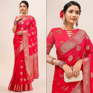 Pink Woven Chiffon Saree With Tassels