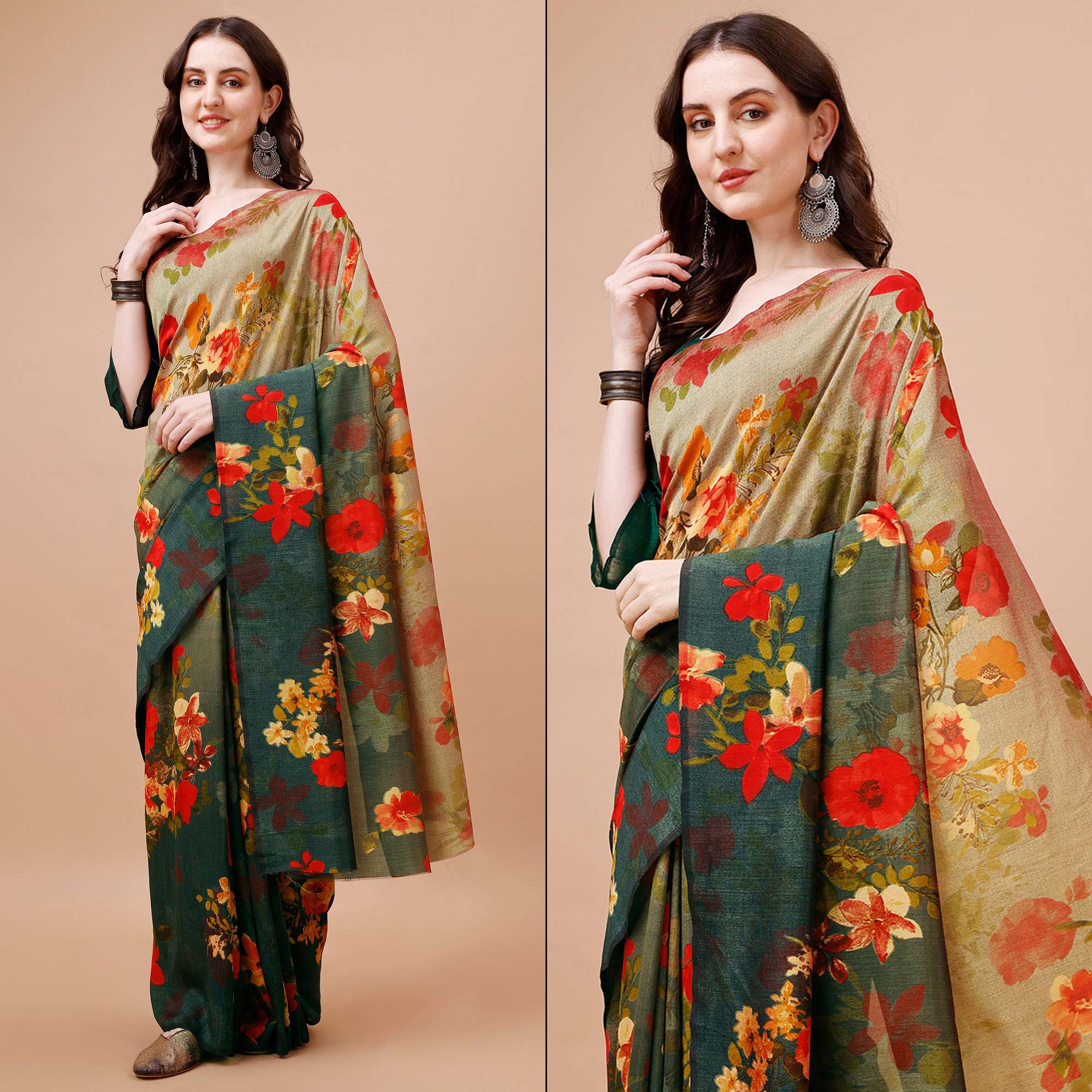 Green & Brown Floral Printed Vichitra Silk Saree
