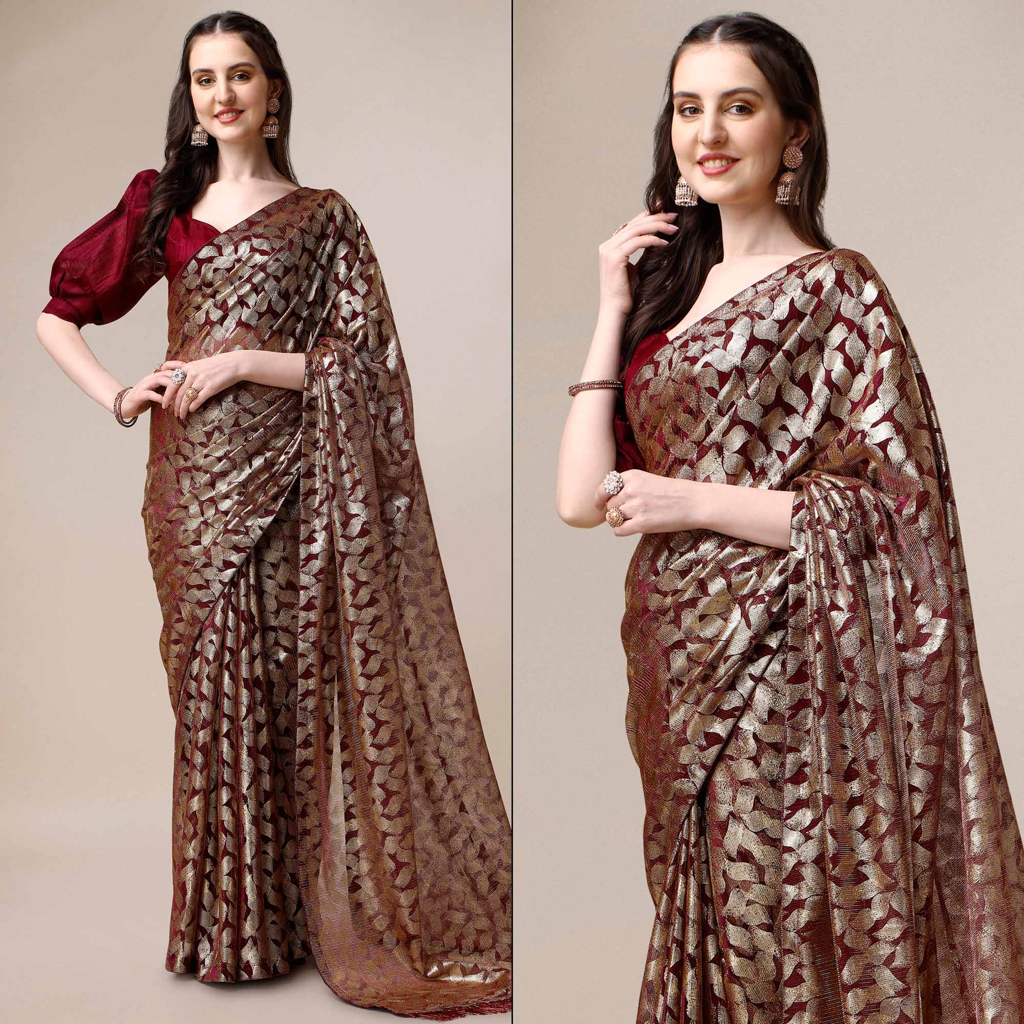 Wine & Gold Foil Printed Rayon Saree