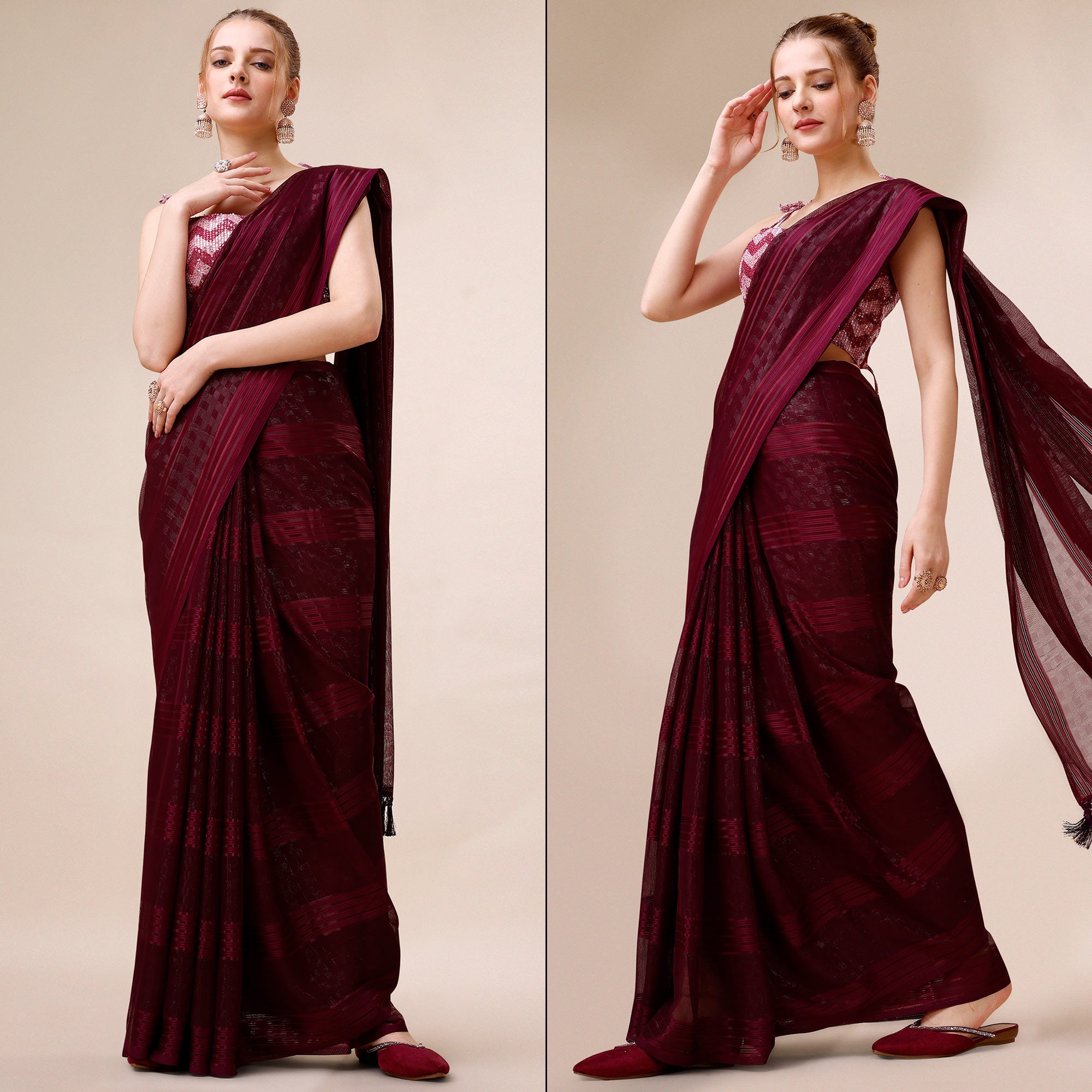 Wine Striped Woven Chiffon Saree