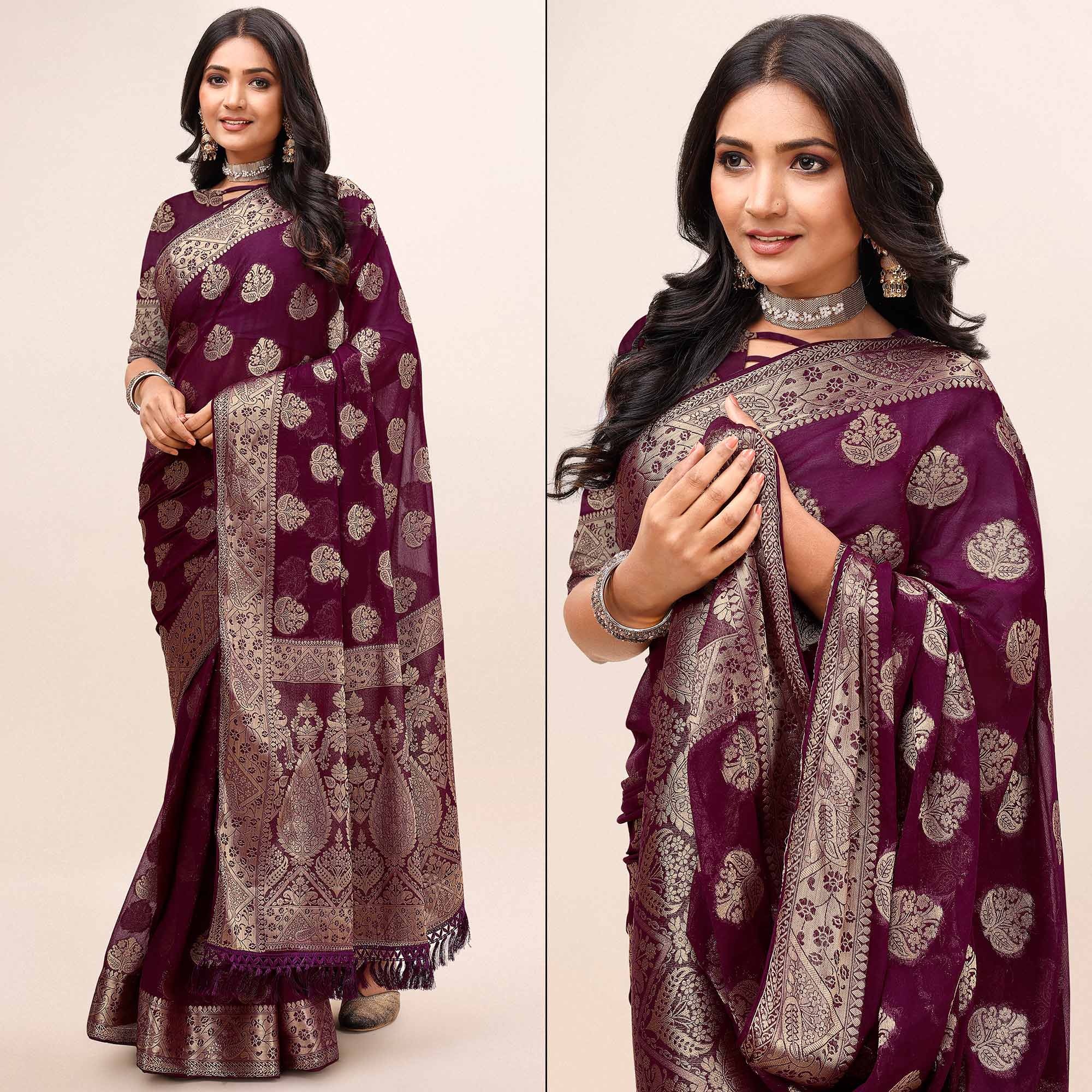 Wine Woven Chiffon Saree With Tassels