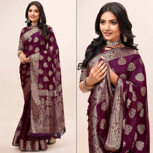 Wine Woven Chiffon Saree With Tassels