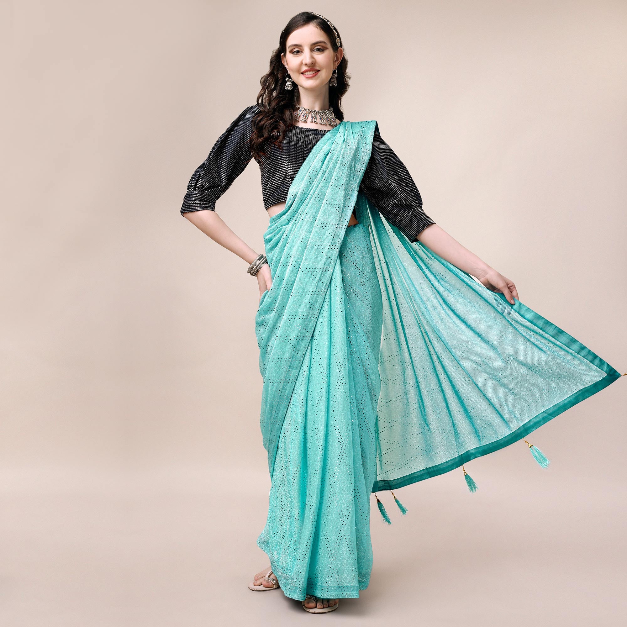 Turquoise Foil Printed Raw Silk Saree
