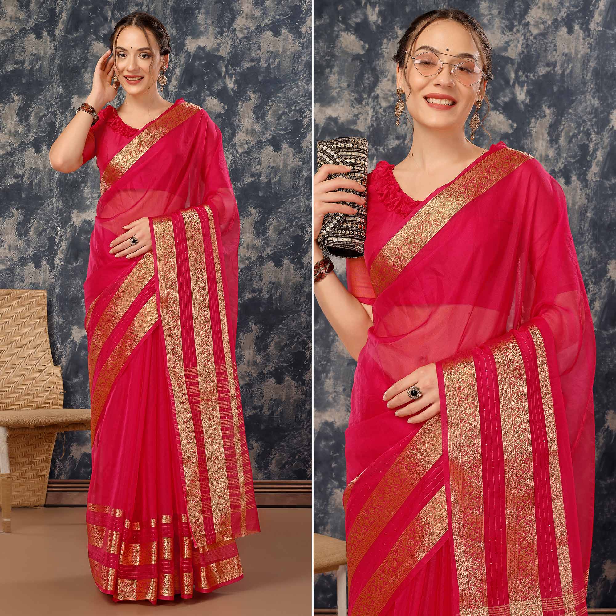 Pink Floral Zari Woven Organza Saree