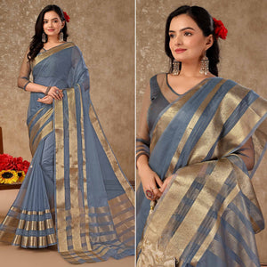Grey Floral Zari Woven Organza Saree