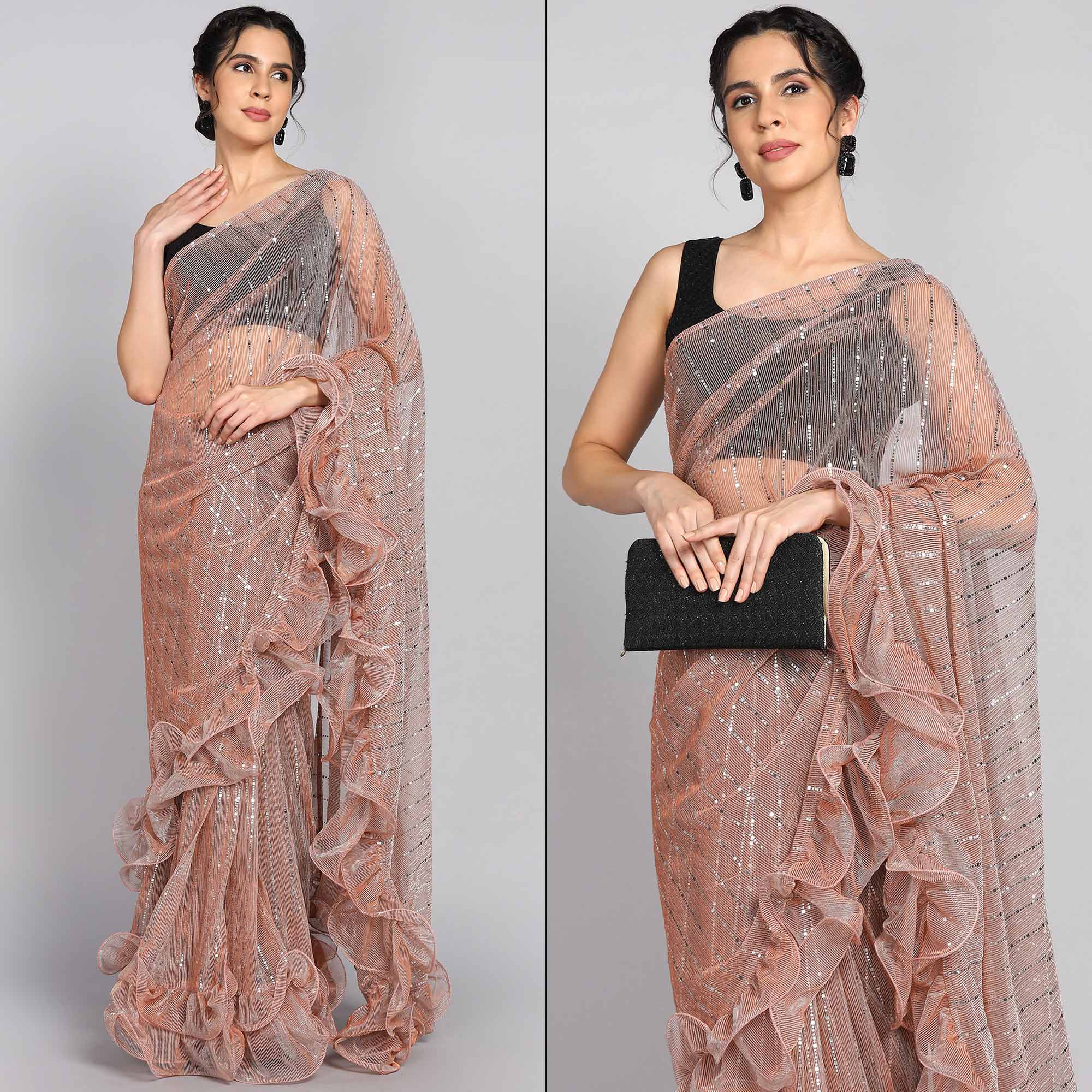 Peach Tikki Work Lycra Ruffle Saree