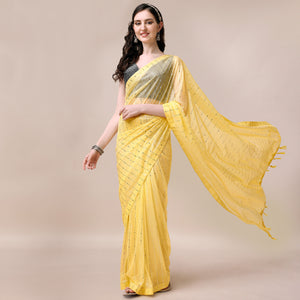 Yellow Striped Foil Printed Rayon Saree