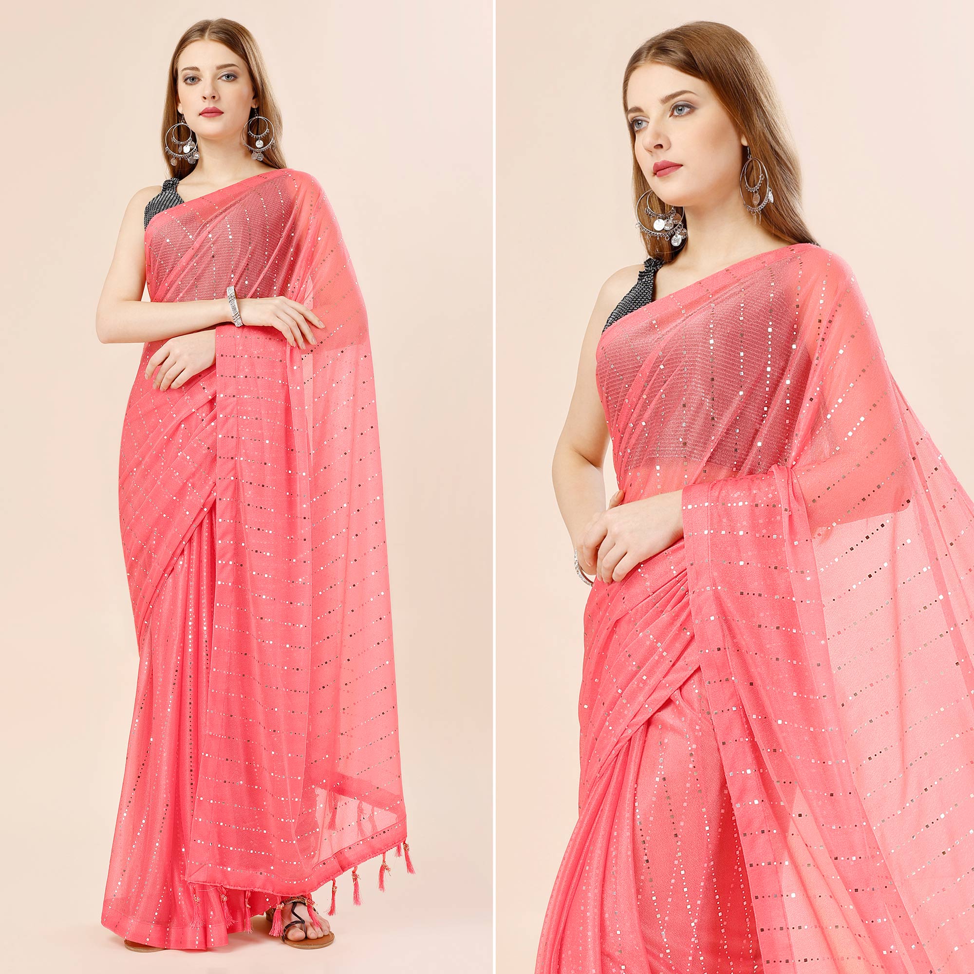 Pink Tikki Work Lycra Saree With Embroidered Border