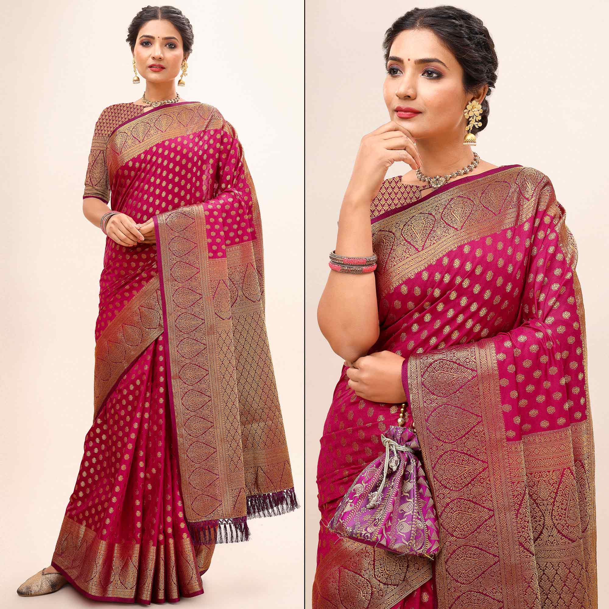 Rani Pink Woven Dola Silk Saree With Tassels