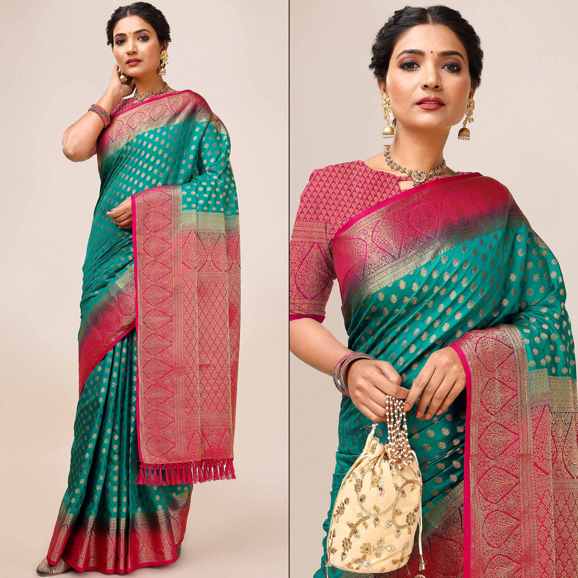 Rama Green Woven Dola Silk Saree With Tassels