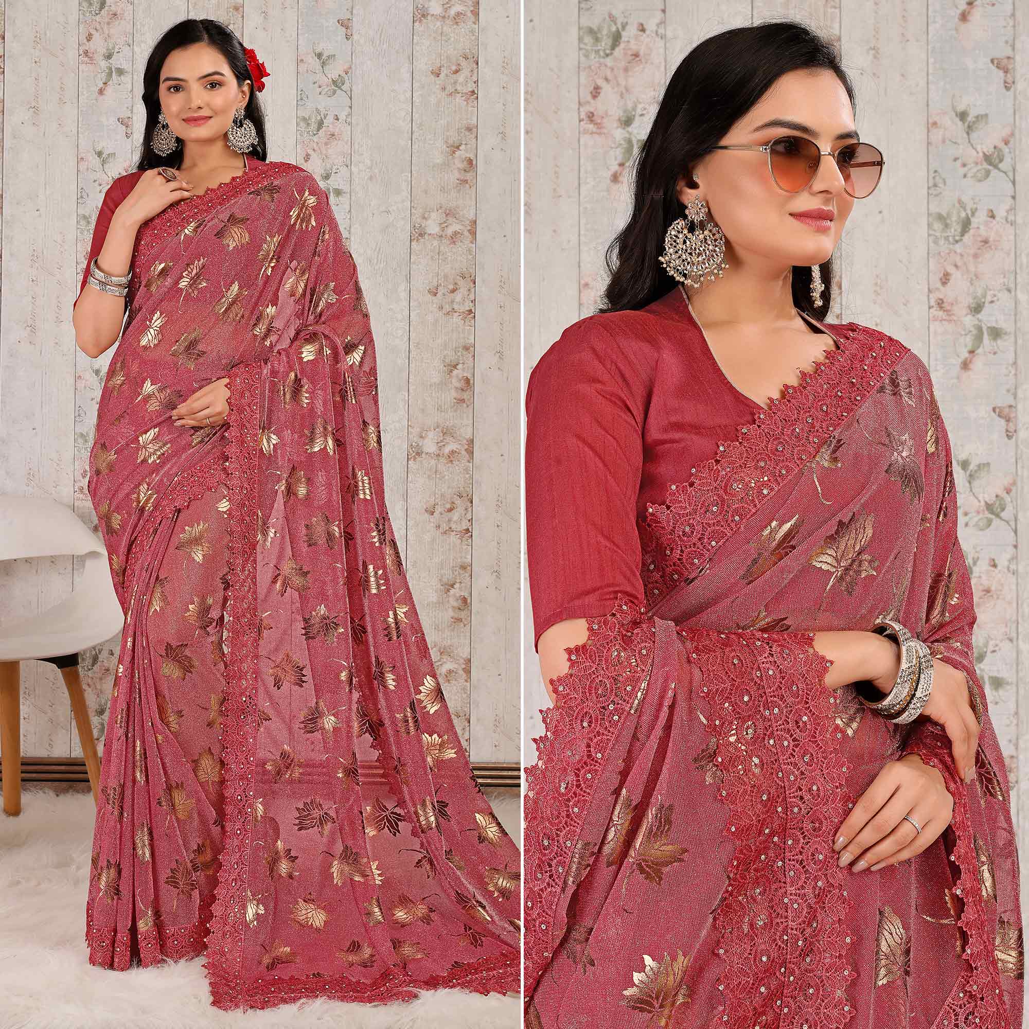 Pink Foil Printed Lycra Saree With Embroidered Lace Border