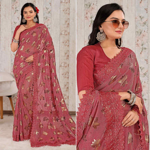 Pink Foil Printed Lycra Saree With Embroidered Lace Border