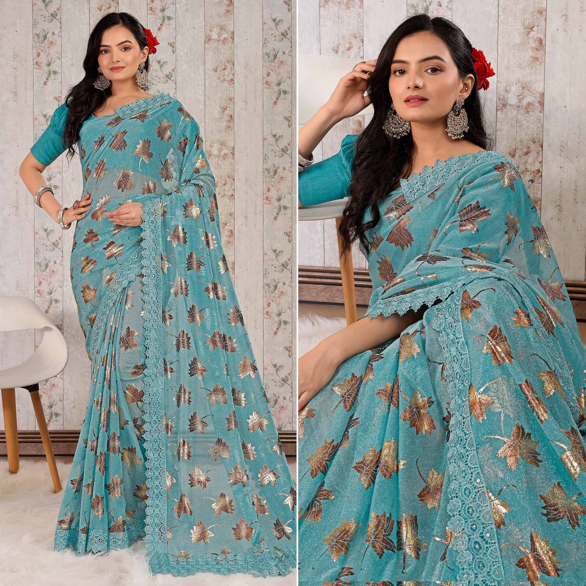 Blue Foil Printed Lycra Saree With Embroidered Lace Border