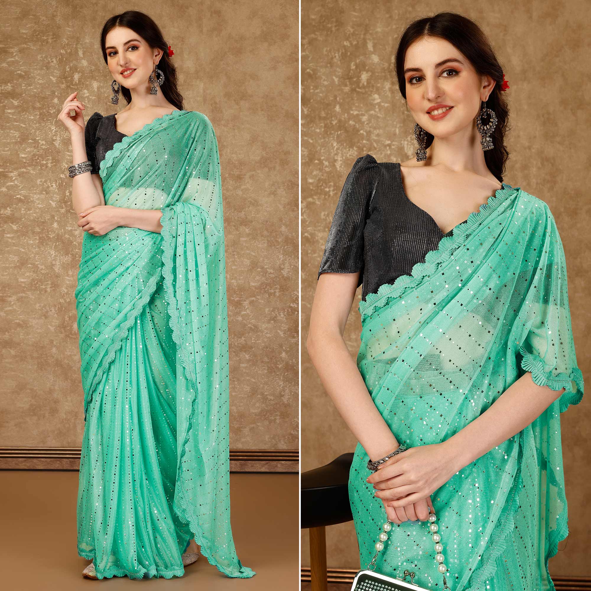 Sea Green Tikali With Swarovski Work Lycra Ready To Wear Saree