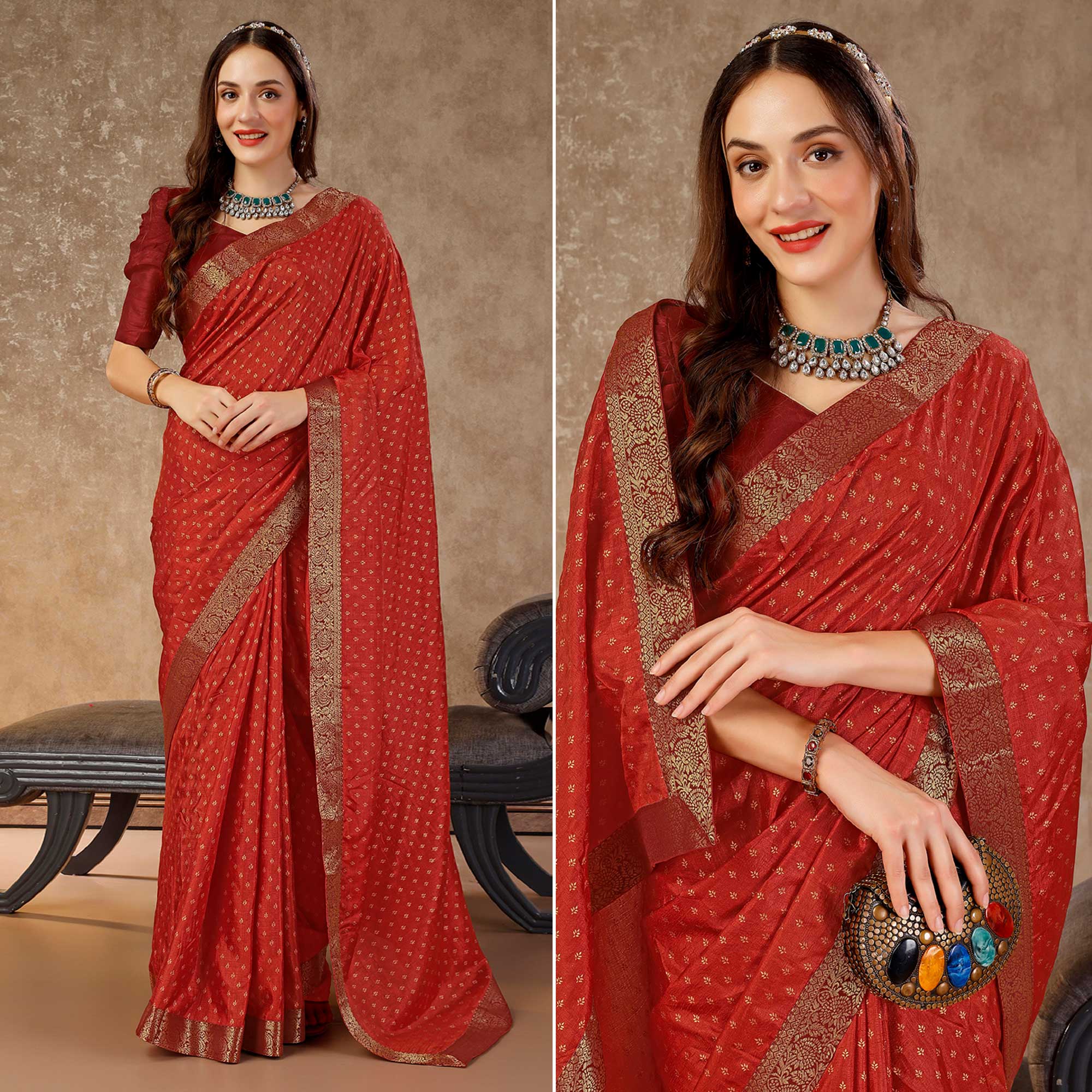 Rust Floral Foil Printed Vichitra Silk Saree With Lace Border