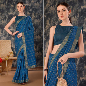 Blue Floral Foil Printed Vichitra Silk Saree With Lace Border