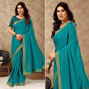 Blue Floral Swarovski Work Vichitra Silk Saree With Lace Border