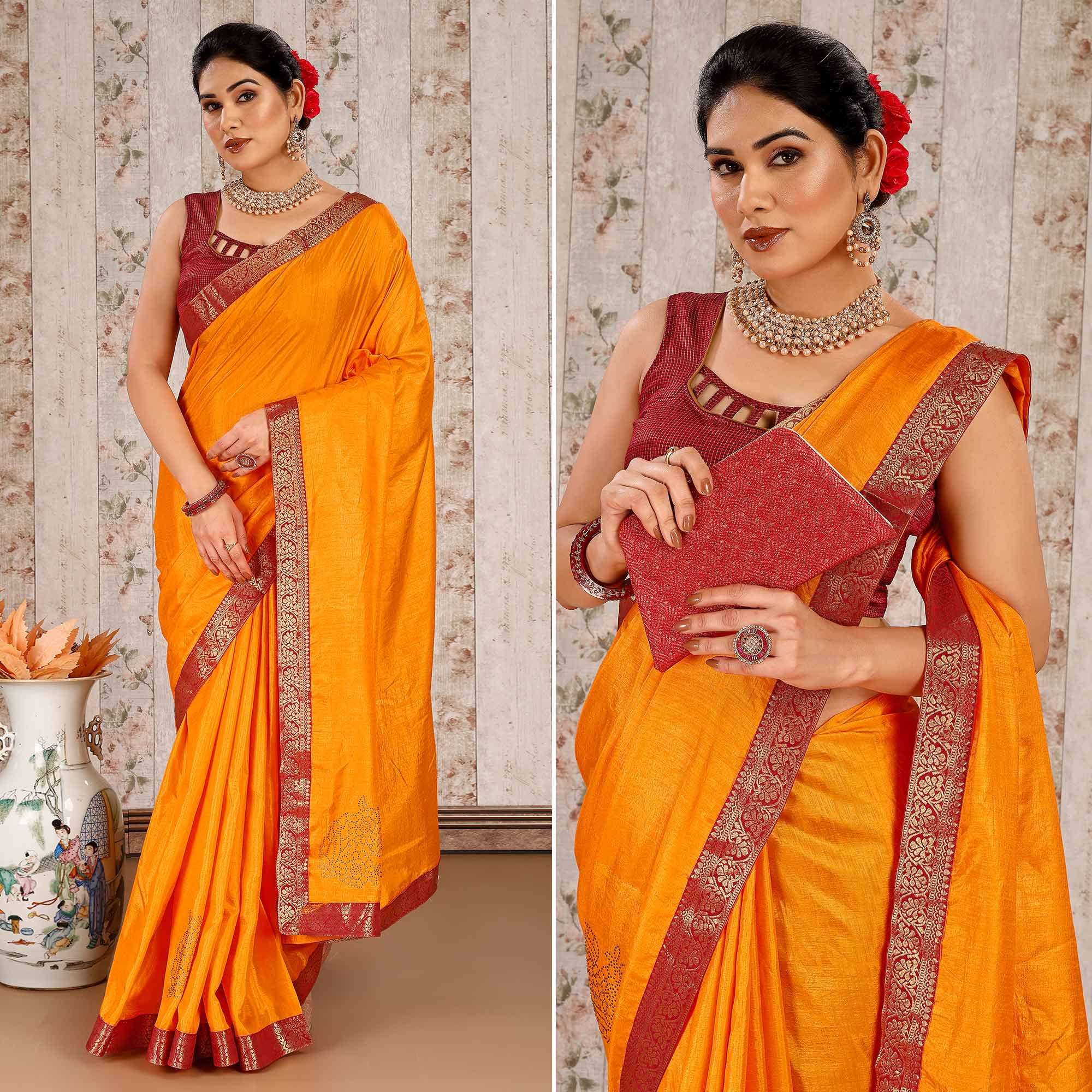 Yellow Floral Swarovski Work Vichitra Silk Saree With Lace Border