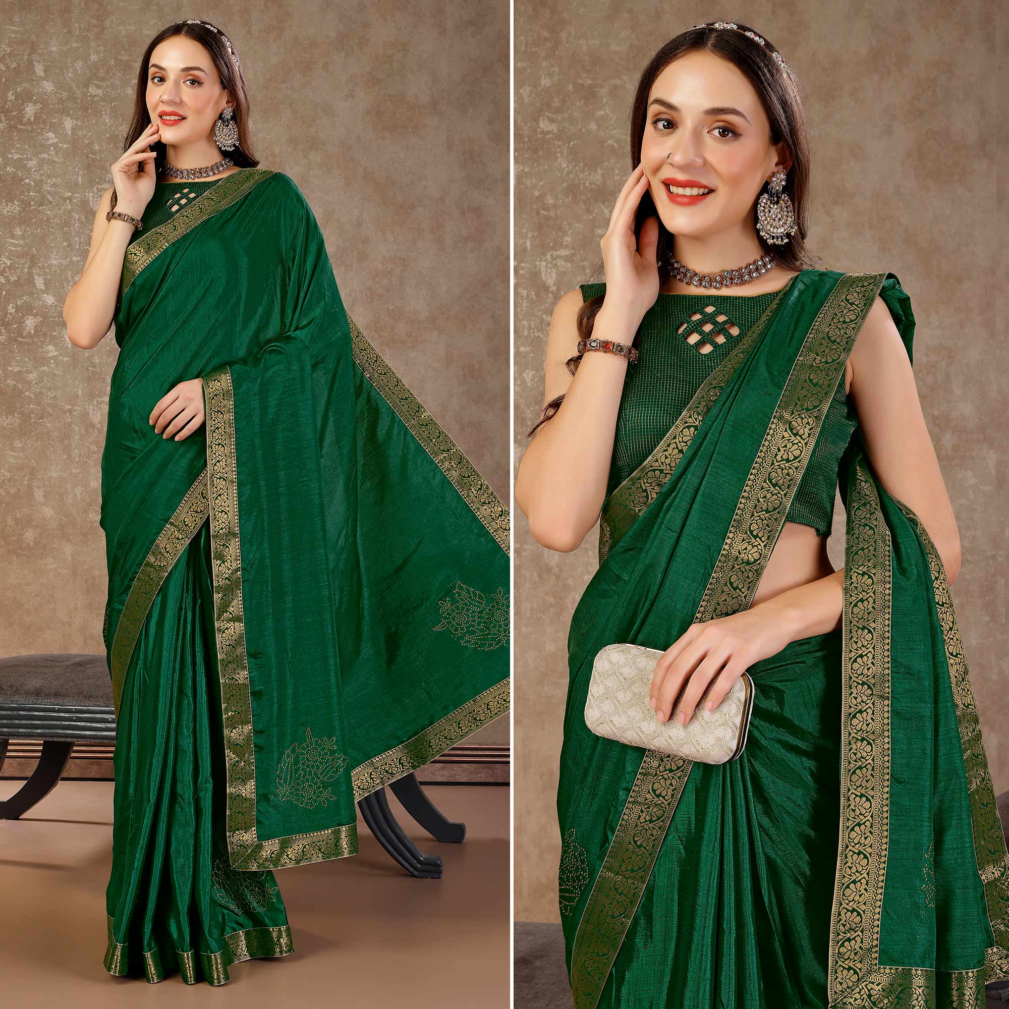 Green Floral Swarovski Work Vichitra Silk Saree With Lace Border