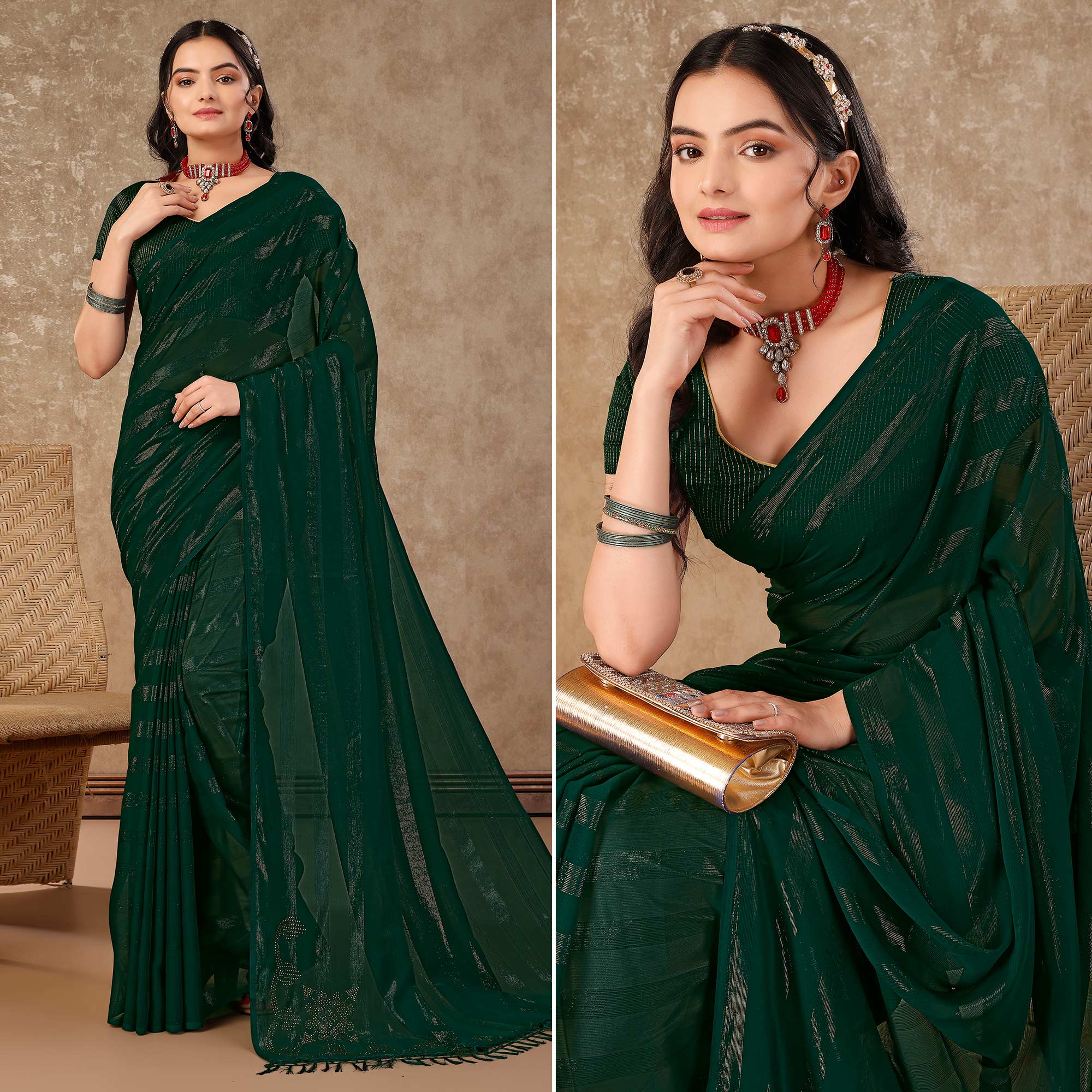 Green Swarovski Work Chiffon Saree With Tassels