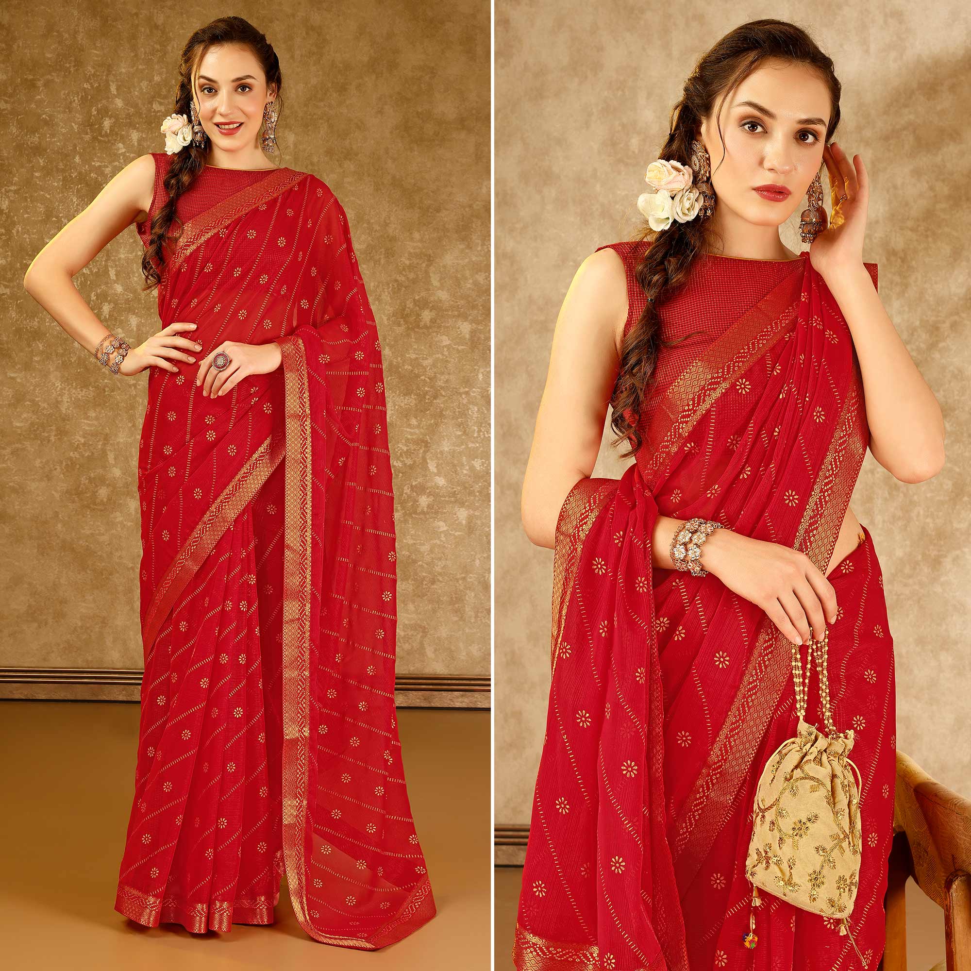 Red Floral Foil Printed Chiffon Saree With Lace Border