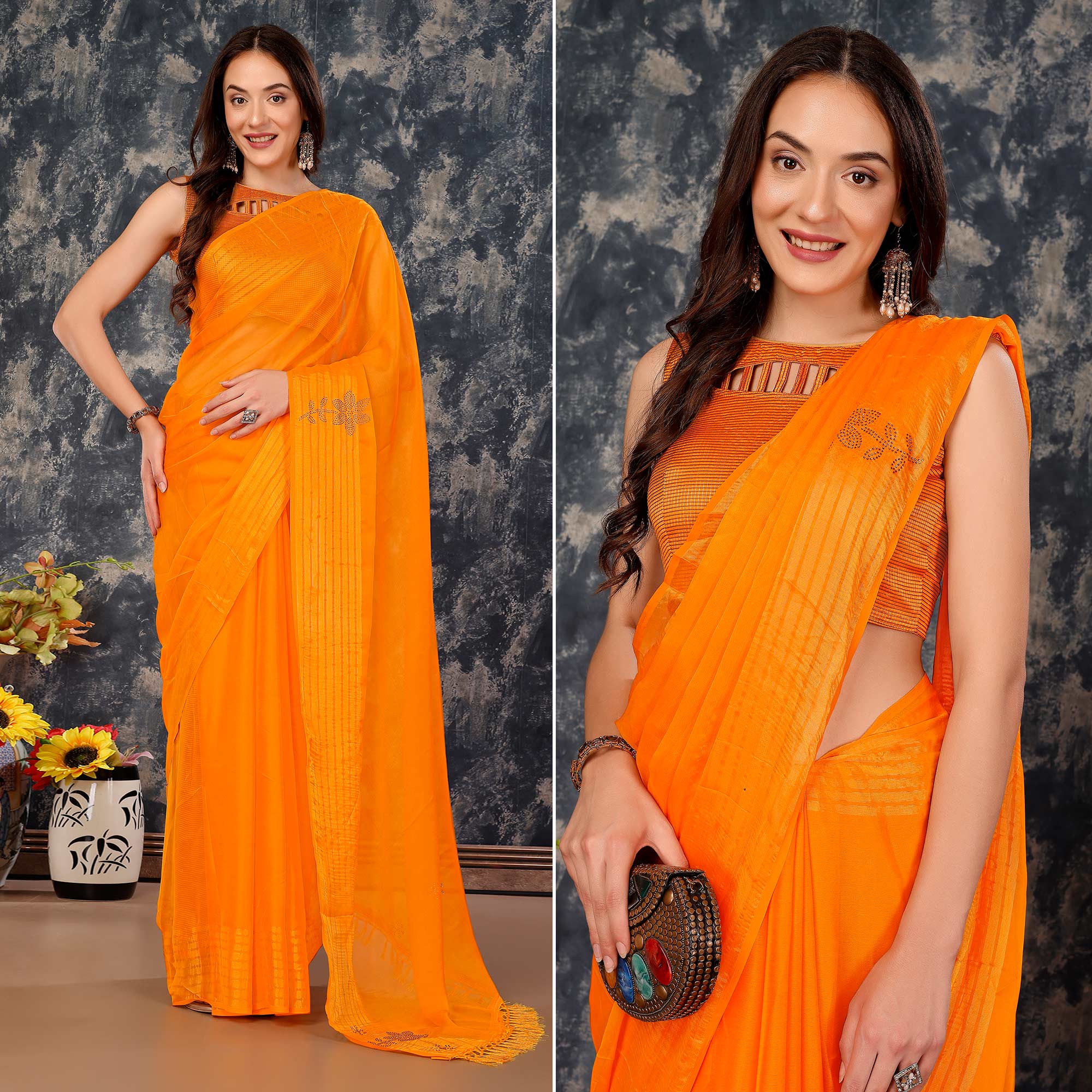 Orange Swarovski Work Chiffon Saree With Woven Border