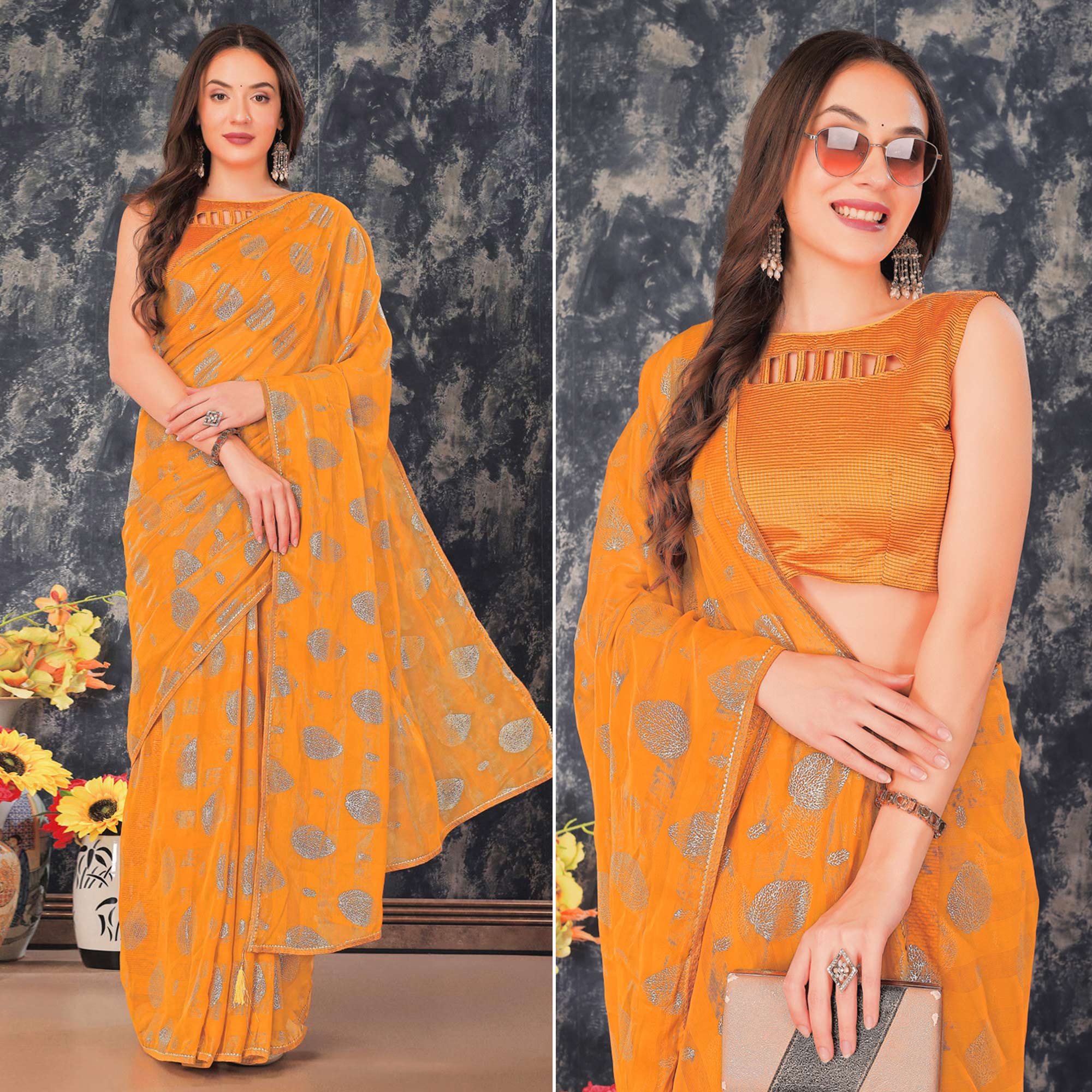 Mustard Foil Printed Chiffon Saree With Gota Patti Lace Border
