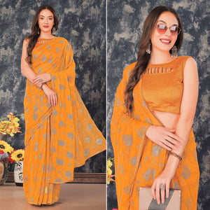 Mustard Foil Printed Chiffon Saree With Gota Patti Lace Border