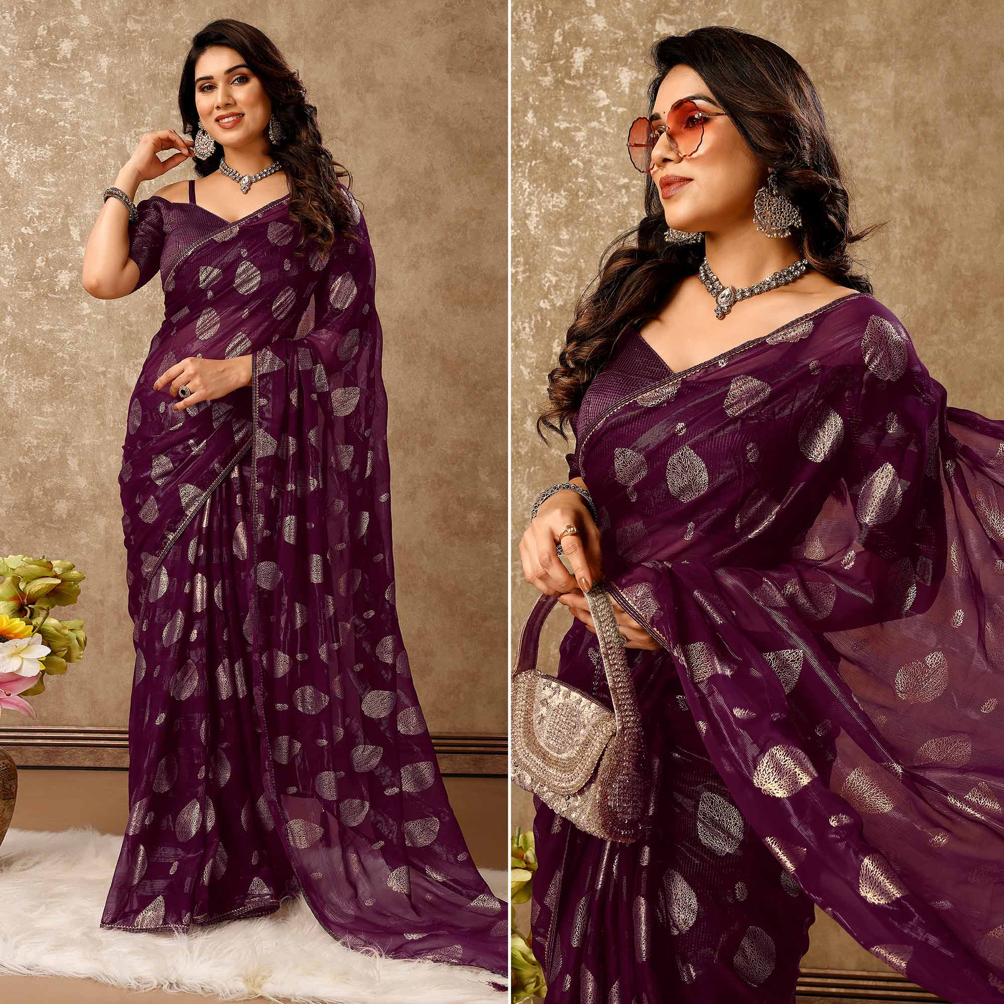 Purple Foil Printed Chiffon Saree With Gota Patti Lace Border