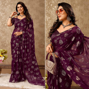 Purple Foil Printed Chiffon Saree With Gota Patti Lace Border