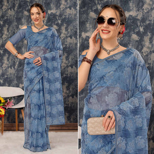 Blue Floral Printed With Zari Work Cotton Silk Saree