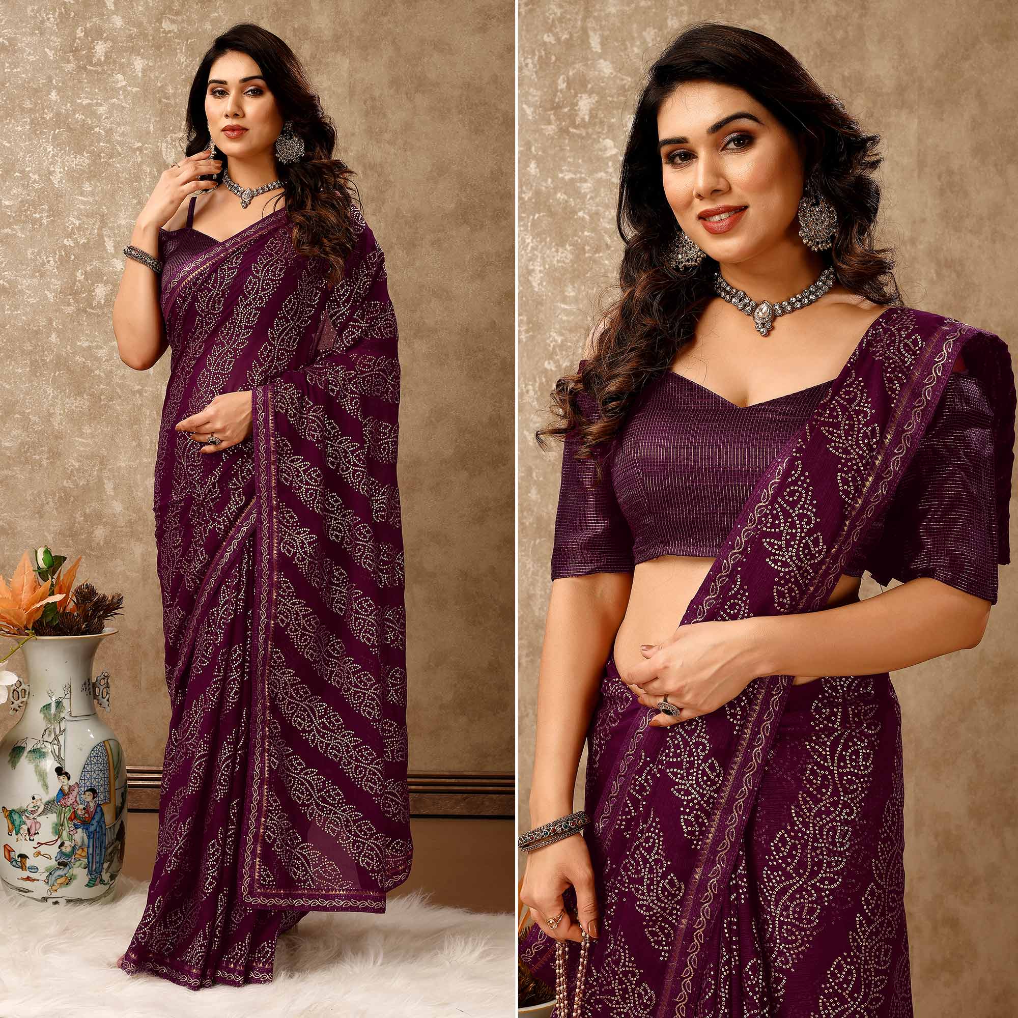Purple Bandhani Foil Printed Chiffon Saree With Lace Border