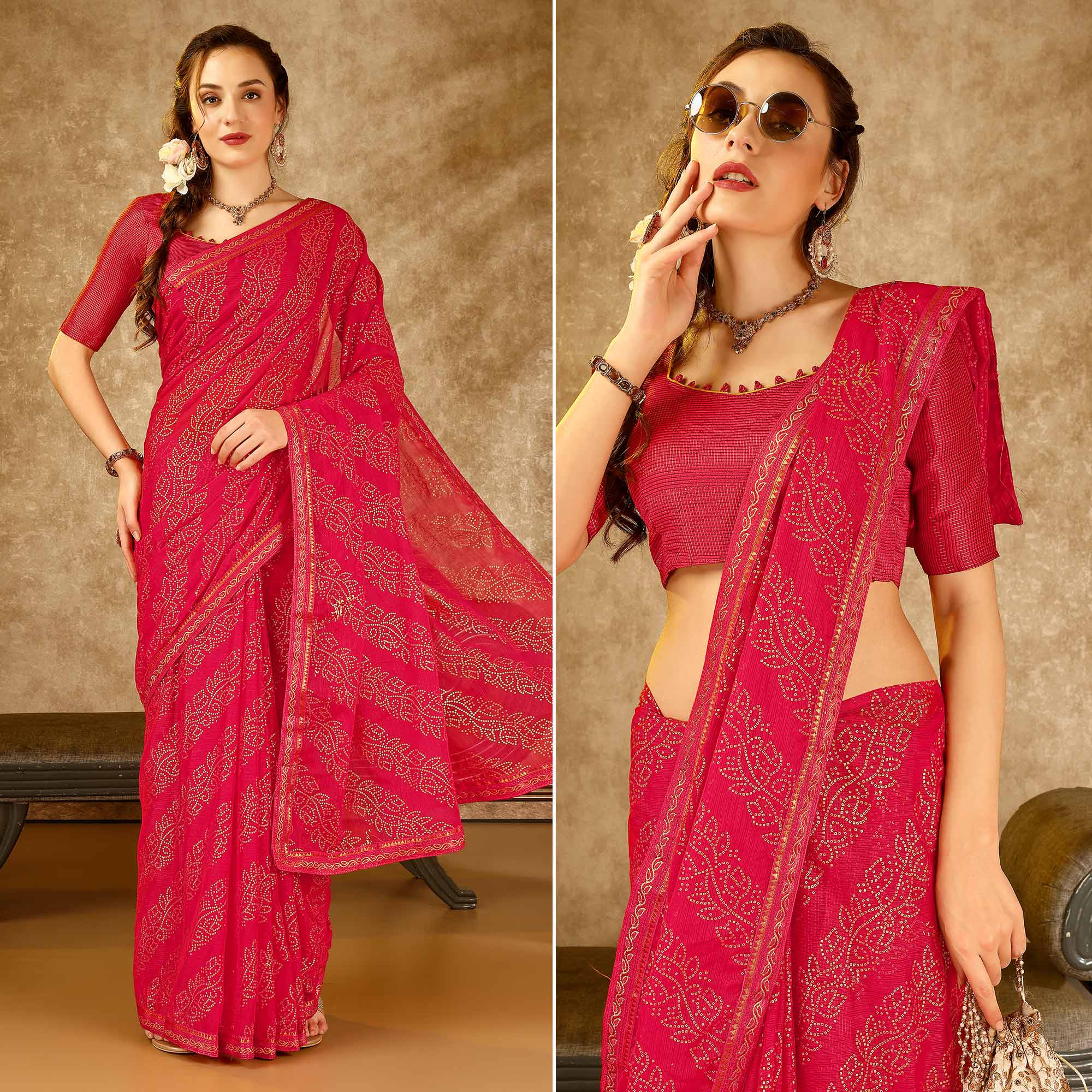 Pink Bandhani Foil Printed Chiffon Saree With Lace Border