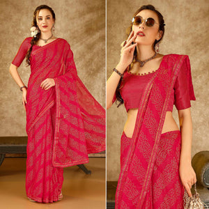 Pink Bandhani Foil Printed Chiffon Saree With Lace Border