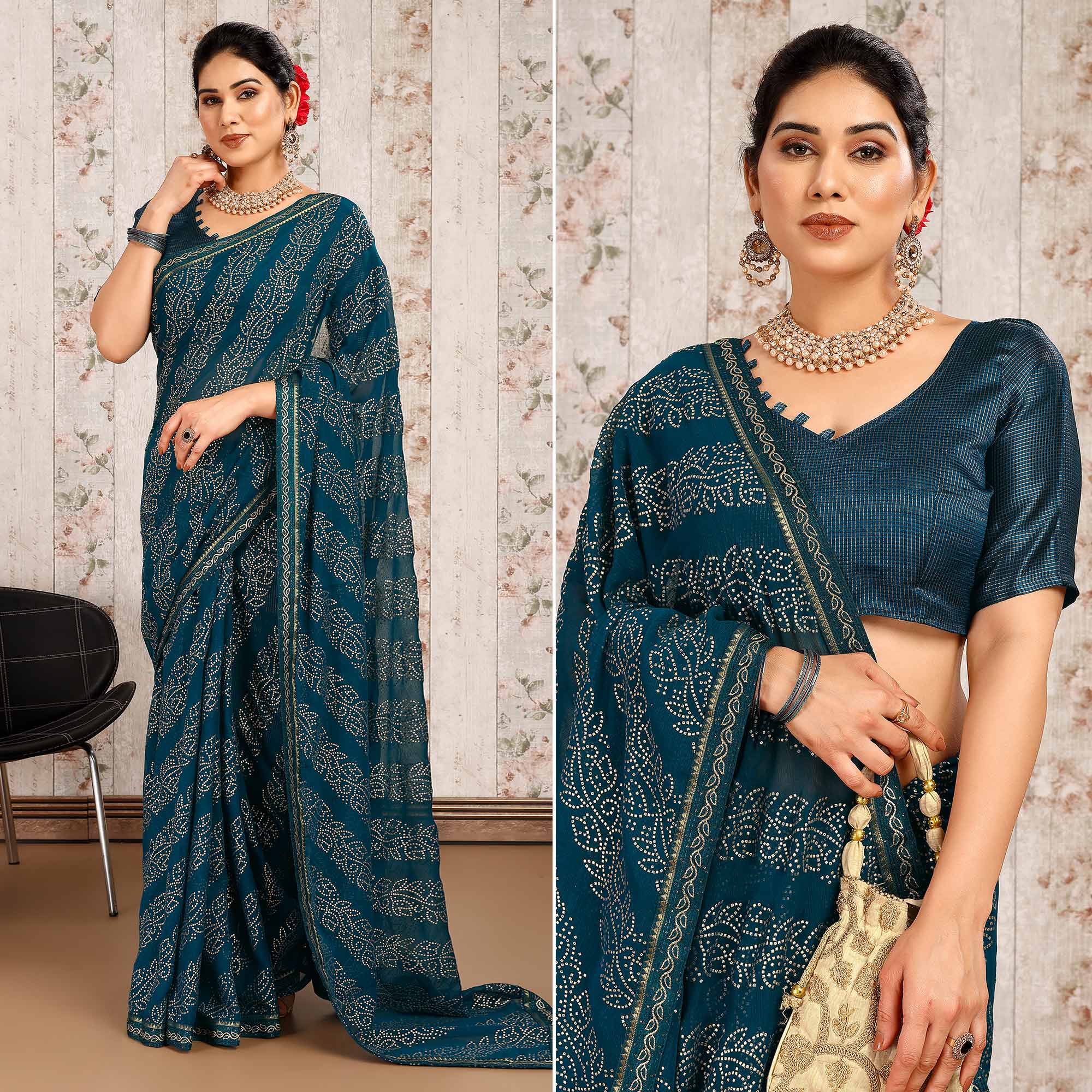 Blue Bandhani Foil Printed Chiffon Saree With Lace Border