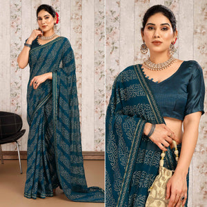 Blue Bandhani Foil Printed Chiffon Saree With Lace Border