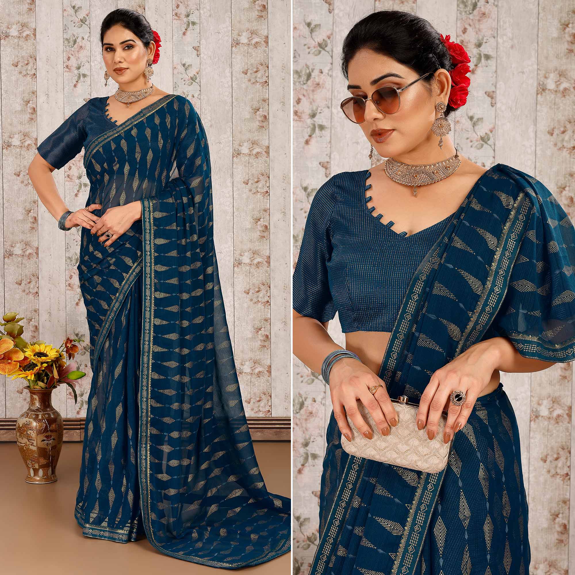 Blue Foil Printed Chiffon Saree With Lace Border