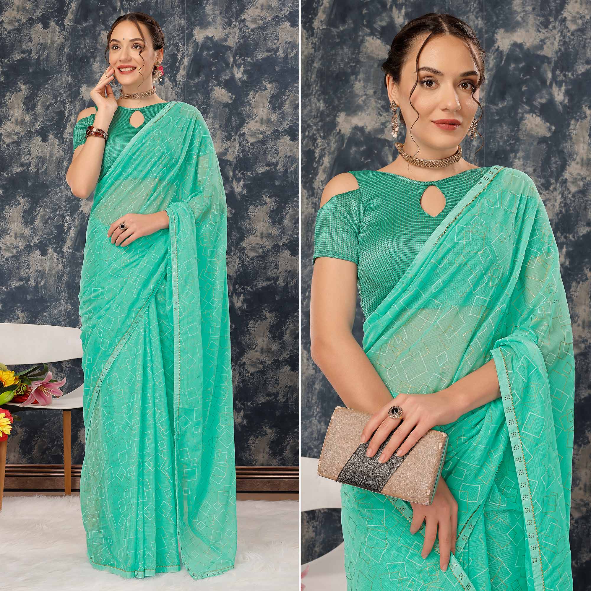 Sea Green Printed With Zari Work Chiffon Saree With Lace Border