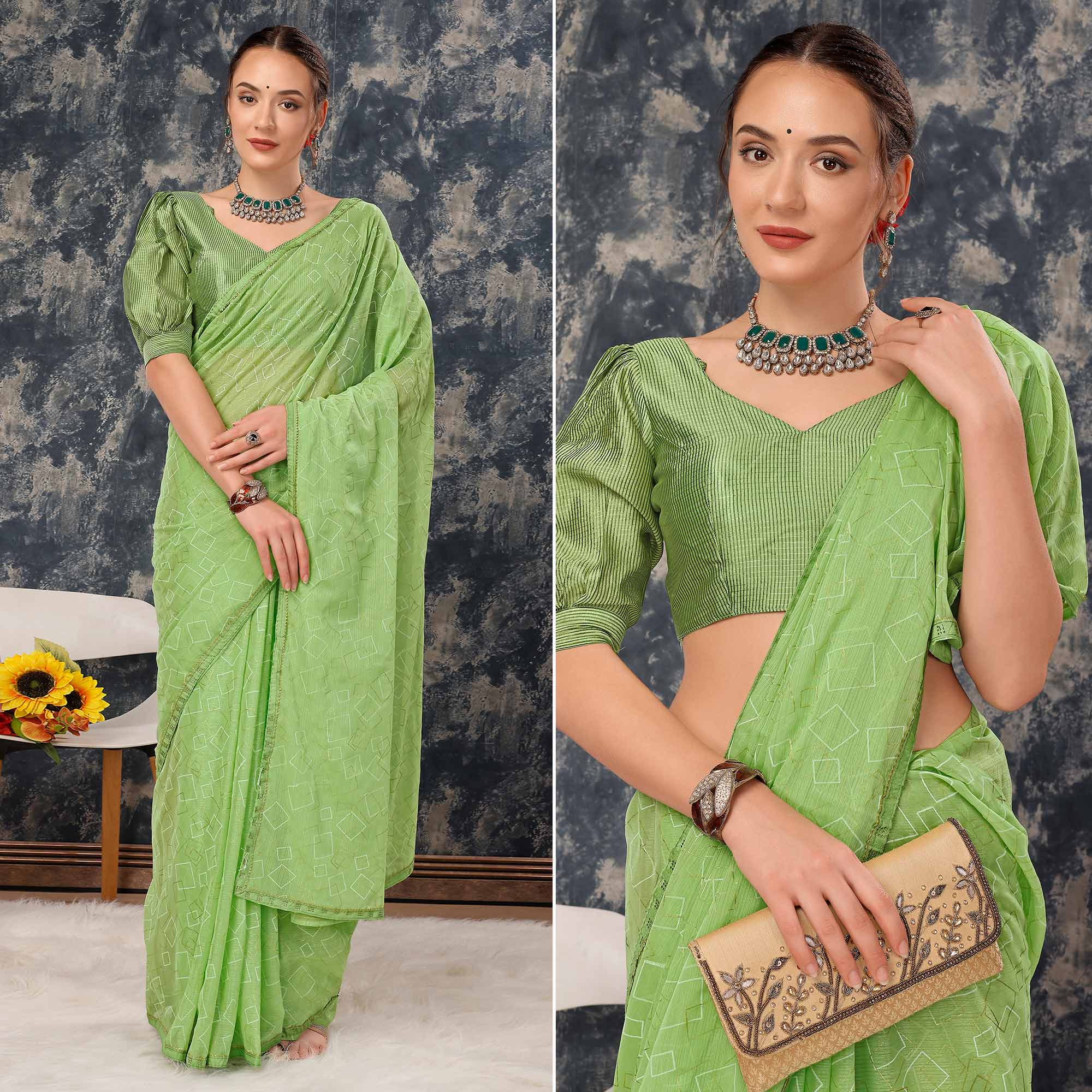 Green Printed With Zari Work Chiffon Saree With Lace Border