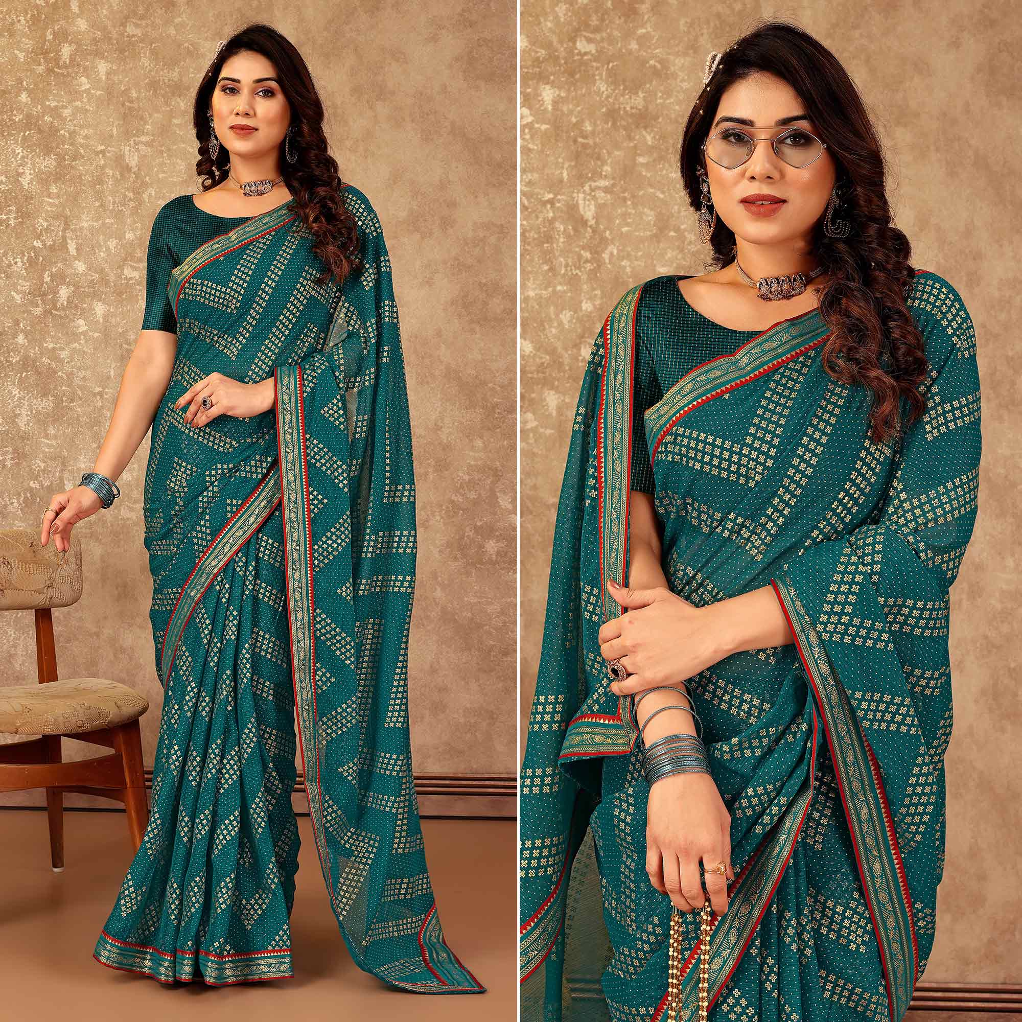 Teal Foil Printed Chiffon Saree With Lace Border