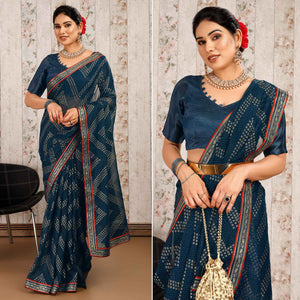 Blue Foil Printed Chiffon Saree With Lace Border