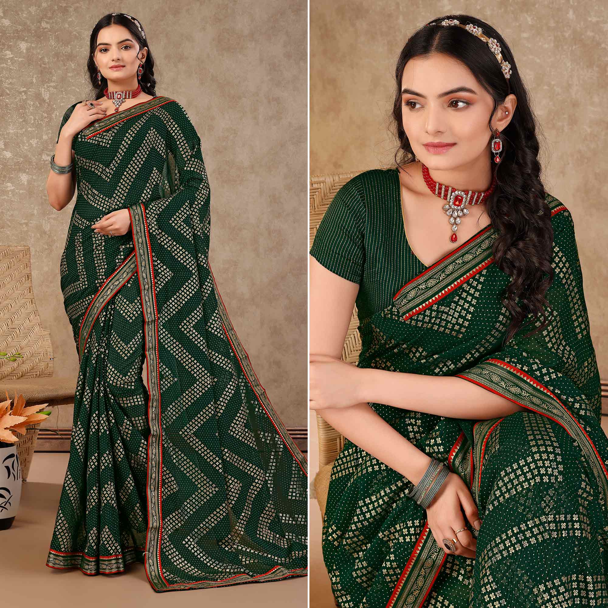 Green Foil Printed Chiffon Saree With Lace Border