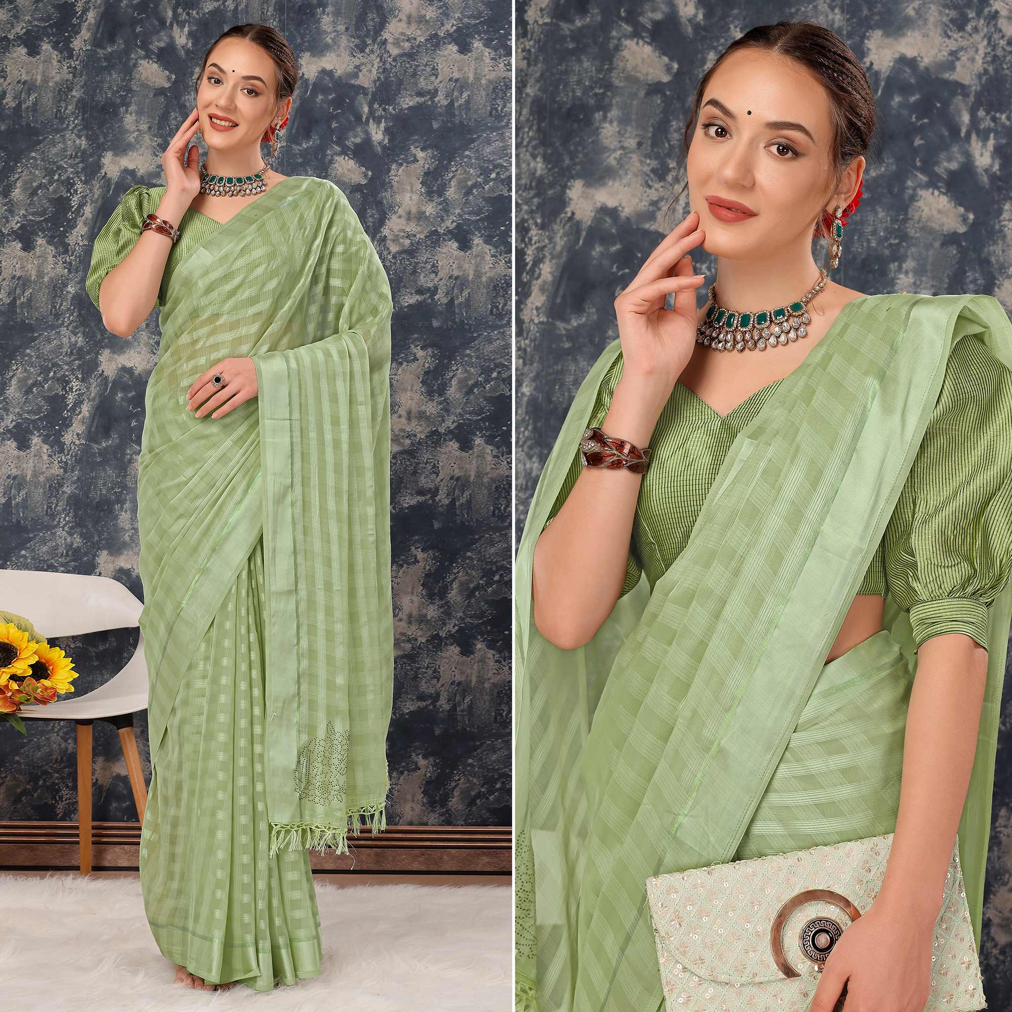 Green Swarovski Work Chiffon Saree With Tassels