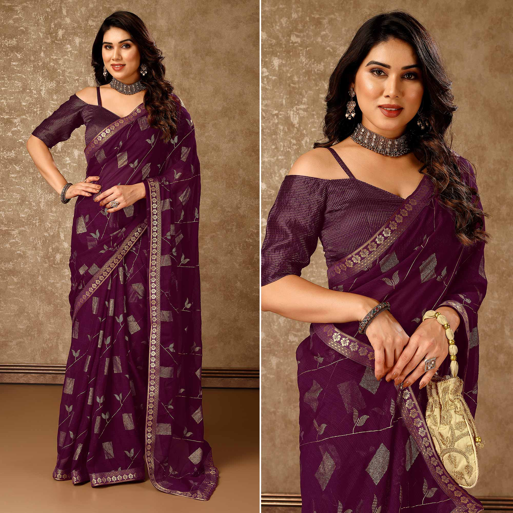 Purple Floral Foil Printed Chiffon Saree With Lace Border