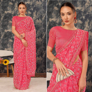 Pink Geometric Printed Chiffon Saree With Lace Border