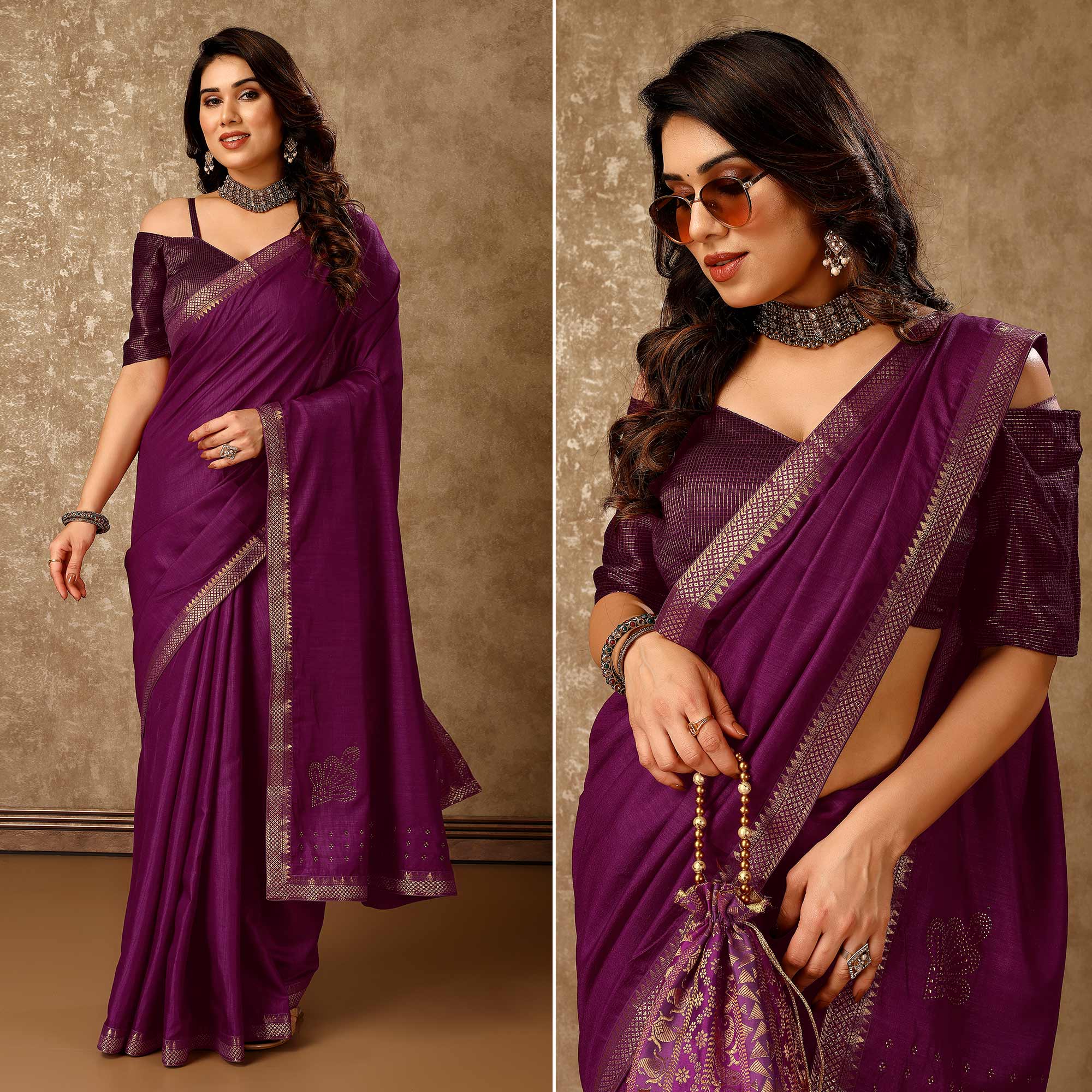 Purple Swarovski Work Vichitra Silk Saree With Lace Border