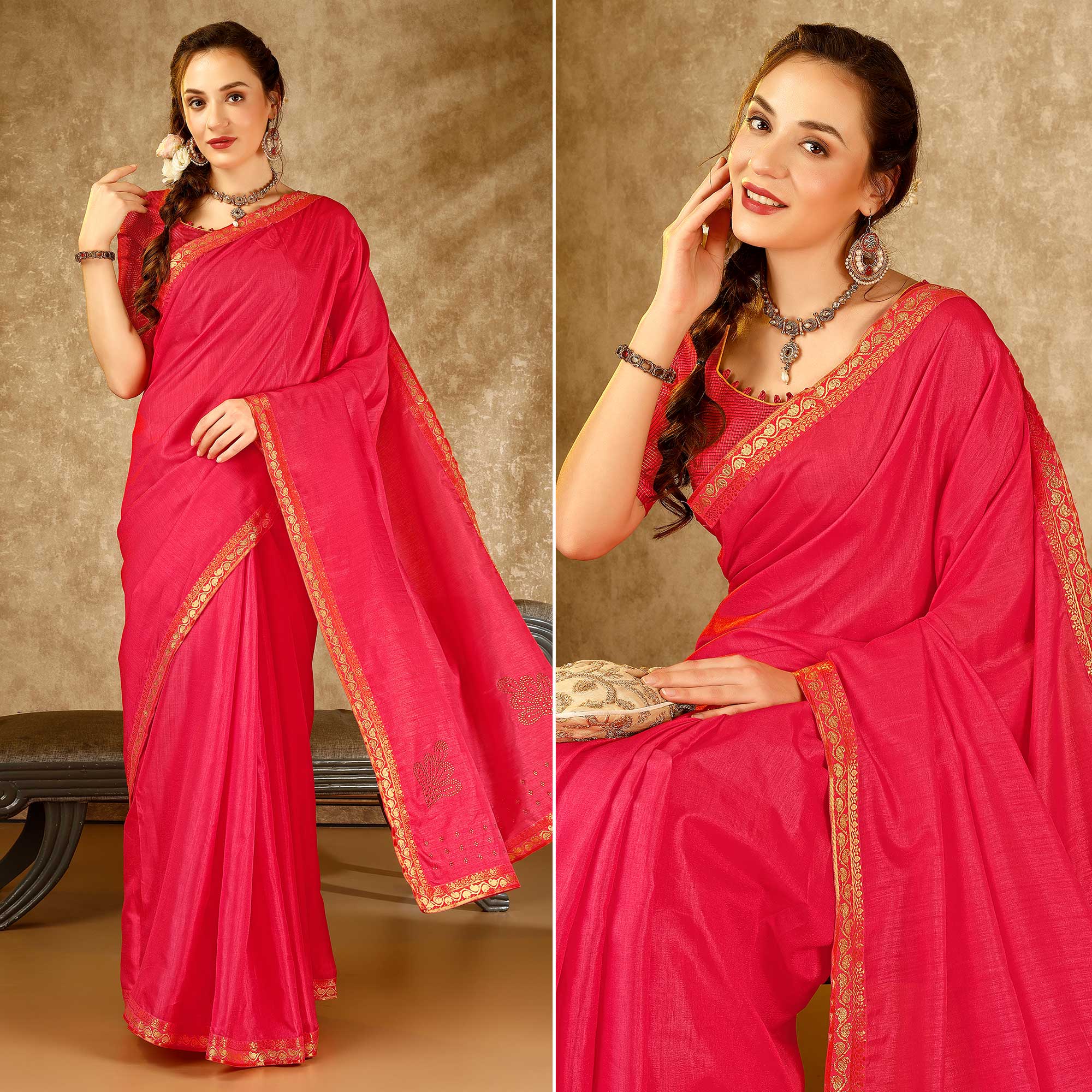 Pink Swarovski Work Vichitra Silk Saree With Lace Border
