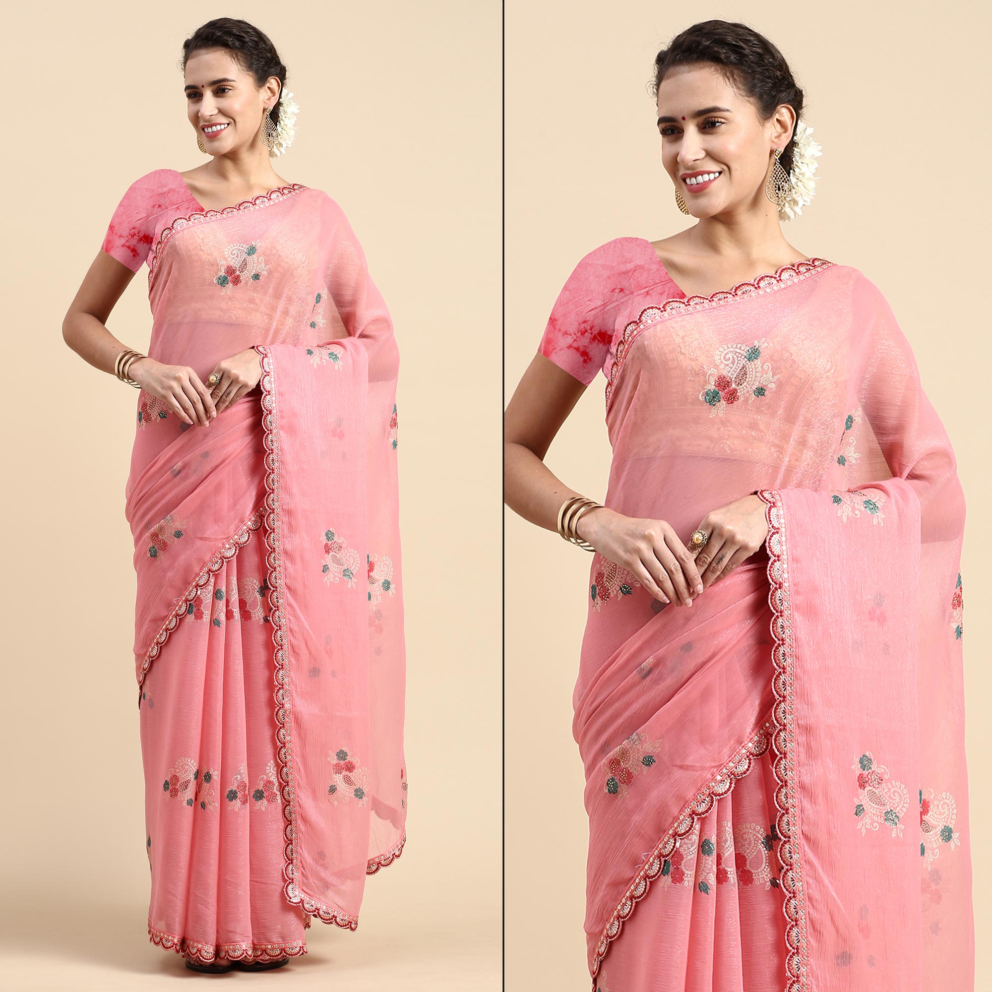 Pink Foil Printed With Swarovski Shimmer Chiffon Saree