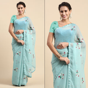 Blue Foil Printed With Swarovski Shimmer Chiffon Saree