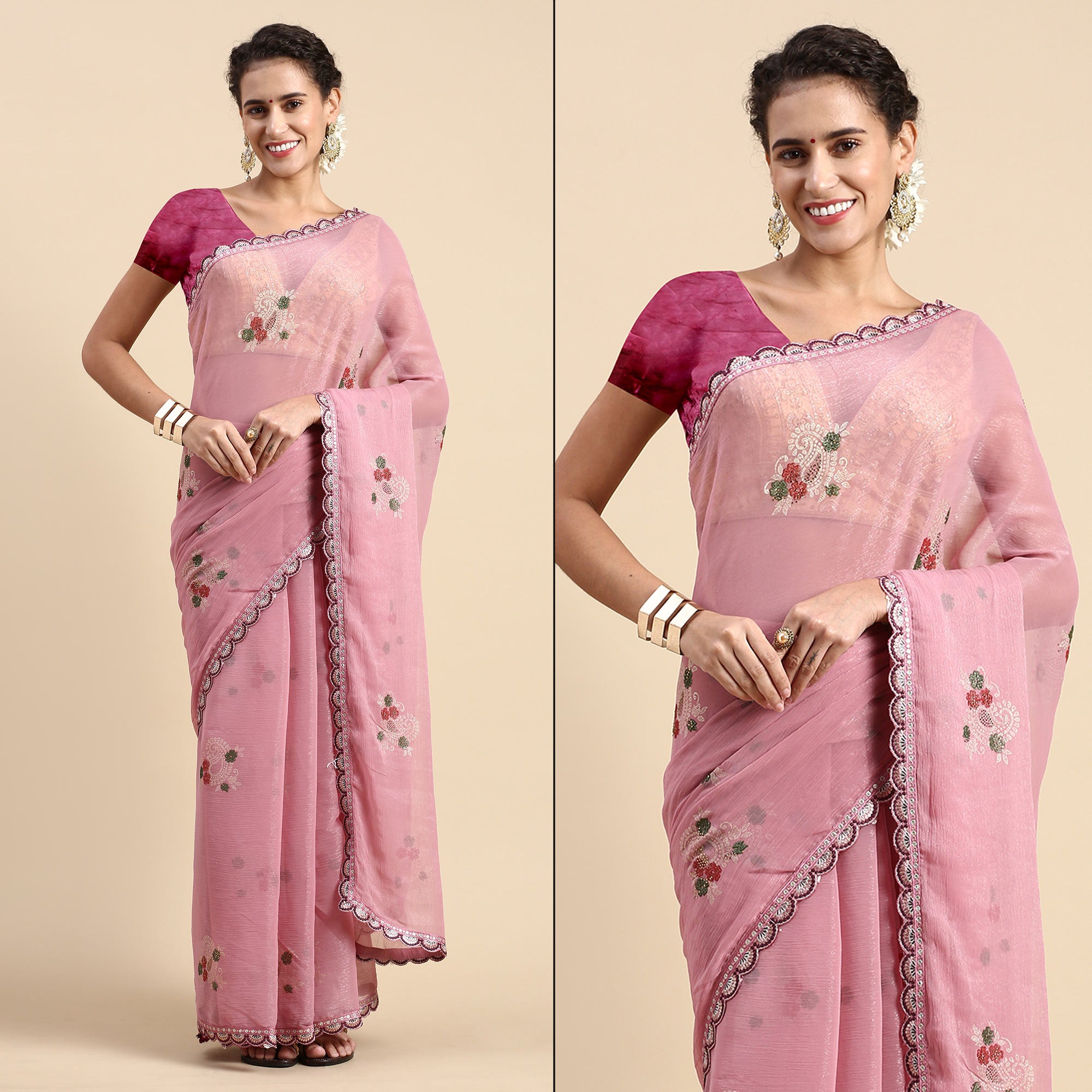 Pink Foil Printed With Swarovski Shimmer Chiffon Saree